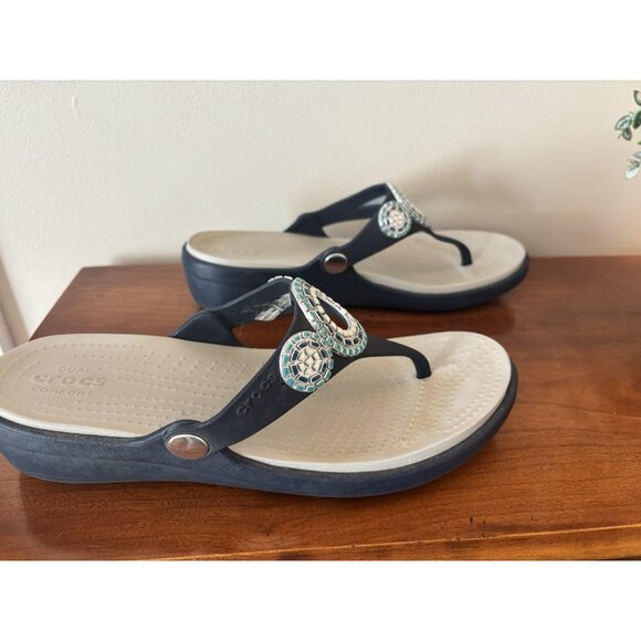 Crocs Sanrah Diamante Navy Blue & Turquoise Wedge Sandals Womens Size 8 - Picture 4 of 9